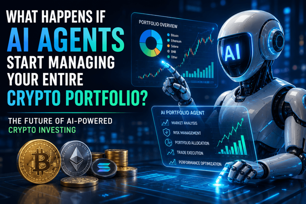 AI-powered agents automatically managing a cryptocurrency portfolio, showing digital dashboards, automated trading, portfolio optimization, and blockchain assets in a futuristic financial environment.