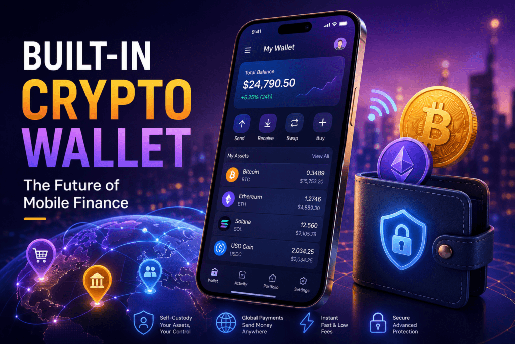 Built-in crypto wallet on a smartphone showing Bitcoin, Ethereum, and stablecoin assets with secure self-custody and mobile finance features in 2026.