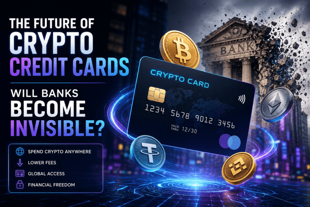 Futuristic crypto credit card illustration showing digital payments, blockchain transactions, stablecoins, and invisible banking technology replacing traditional banking interfaces.