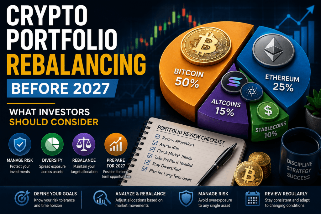 Crypto portfolio rebalancing before 2027 infographic showing Bitcoin, Ethereum, altcoins, and stablecoins allocation pie chart with diversification, risk management, and long-term investment strategy concepts.