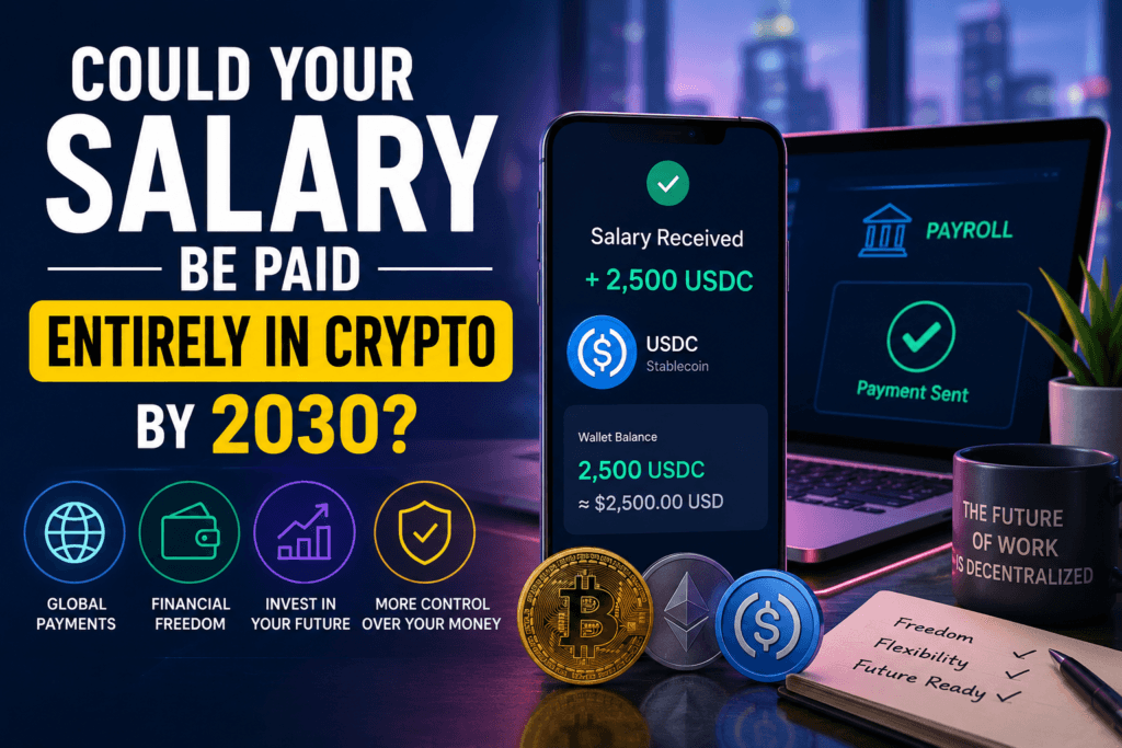 Smartphone displaying a crypto salary payment in USDC alongside Bitcoin and Ethereum, illustrating the future of salary paid in crypto by 2030.